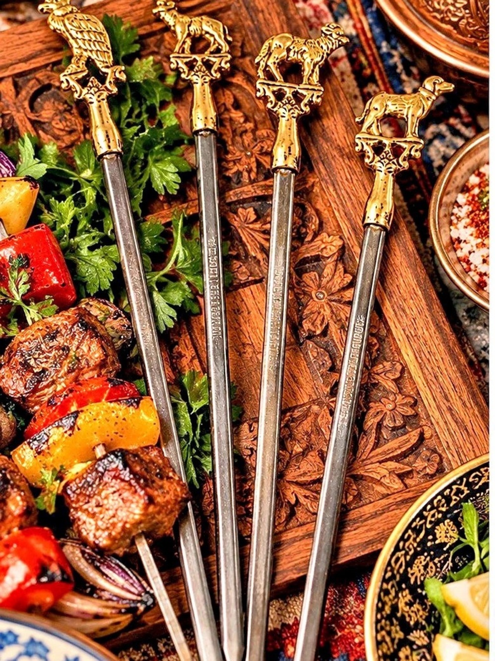Vintage Turkish Kebab Skewers Brass Animal Finials Made in Turkey Set of 4